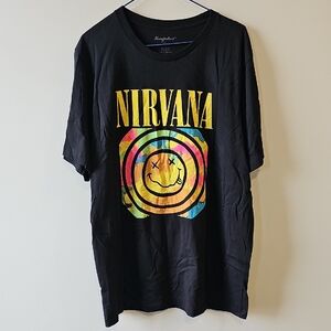 NIRVANA XL Black Tee with Multicolor Tie-Dye Smiley Logo